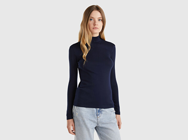 Benetton Kadın Lacivert %100 Pamuk Boğazlı Uzun Kollu T-Shirt