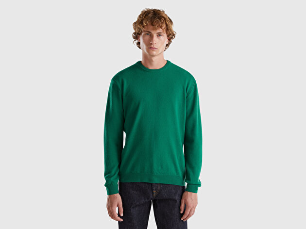 Benetton Erkek Yeşil %100 Merino Bisiklet Yaka  Kazak