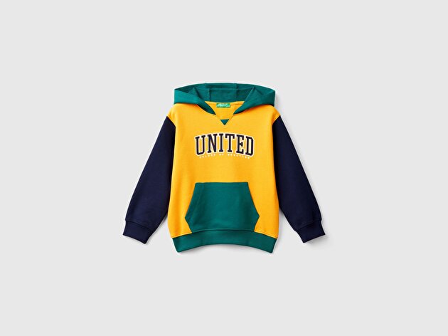 Benetton Erkek Bebek Lila-Bordo-Taba Logo Baskılı Kanguru Cepli Kapüşonlu Sweatshirt