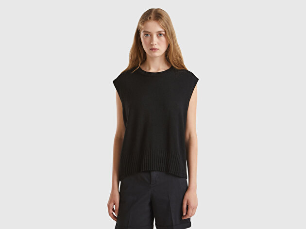 Benetton Kadın Sİyah Yün ve Viskoz Karışımlı Bisiklet Yaka Kolsuz Kazak