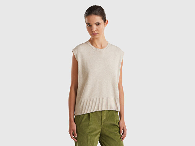 Benetton Kadın Krem Yün ve Viskoz Karışımlı Bisiklet Yaka Kolsuz Kazak