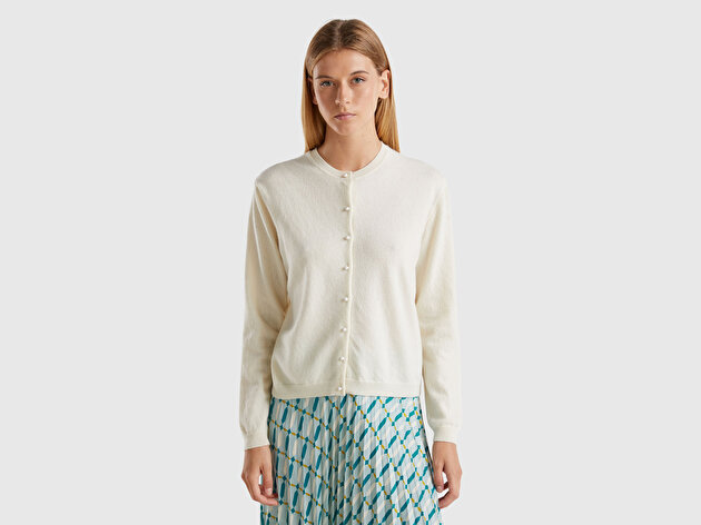 Benetton Kadın Krem %100 Merino Bisiklet Yaka İnci Düğmeli  Hırka