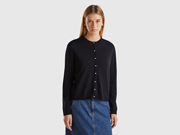 Benetton Kadın Siyah %100 Merino Bisiklet Yaka İnci Düğmeli  Hırka