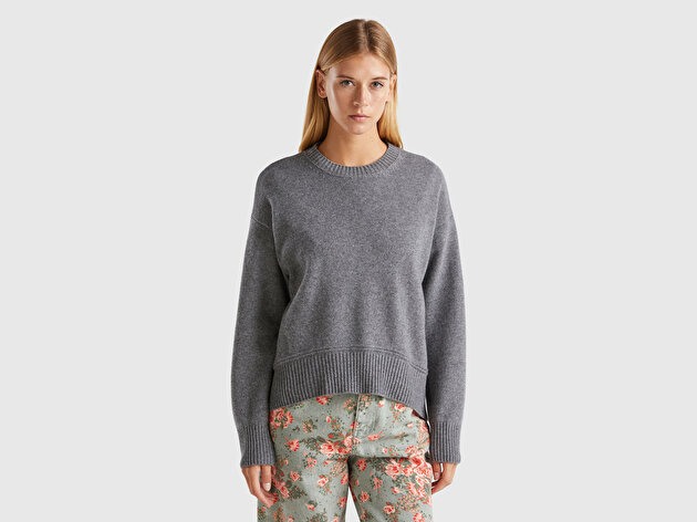 Benetton Kadın Antrasit Melanj Yün Karışımlı Alt Kısmı Geniş Bisiklet Yaka Kazak