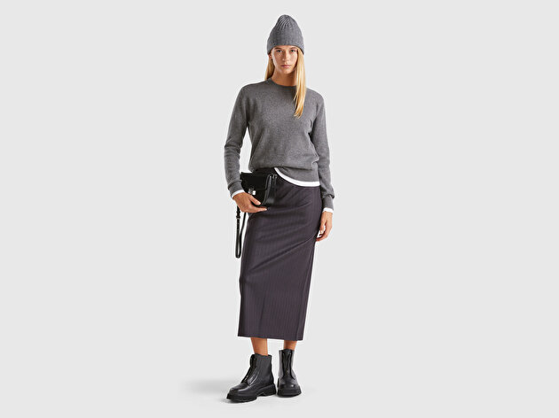 Benetton Kadın Antrasit Melanj %100 Kaşmir Yuvarlak Yaka Düz Kazak