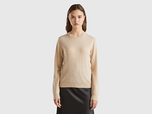 Benetton Kadın Ekru %100 Kaşmir Yuvarlak Yaka Düz Kazak