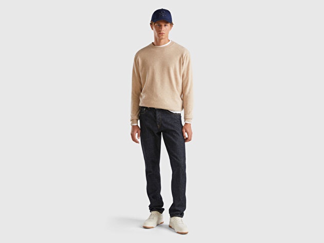 Benetton Erkek Ekru %100 Kaşmir Normal Kesim Ribanalı Yuvarlak Yaka Kazak