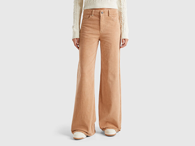 Benetton Kadın Taba Pamuk Karışımlı Arkası Logo Etiketli Geniş Paça  Kadife Pantolon