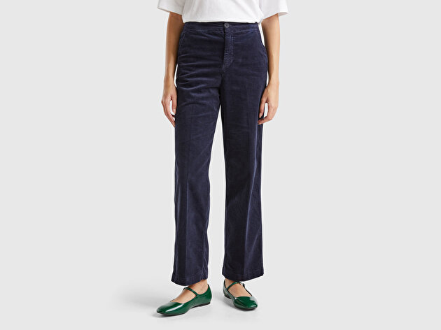 Benetton Kadın Lacivert Pamuk Karışımlı Arkası Lastikli Cepli Geniş Paça Kadife Pantolon