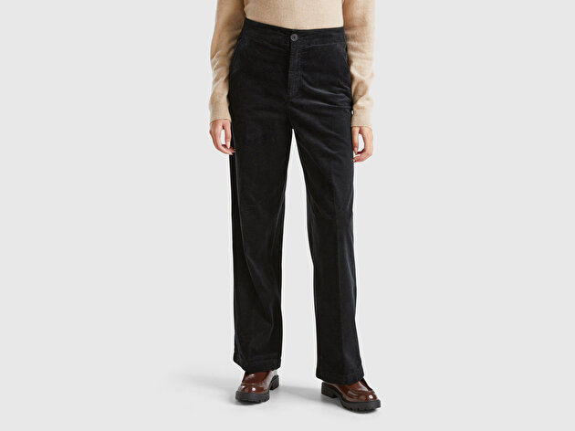 Benetton Kadın Siyah Pamuk Karışımlı Arkası Lastikli Cepli Geniş Paça Kadife Pantolon