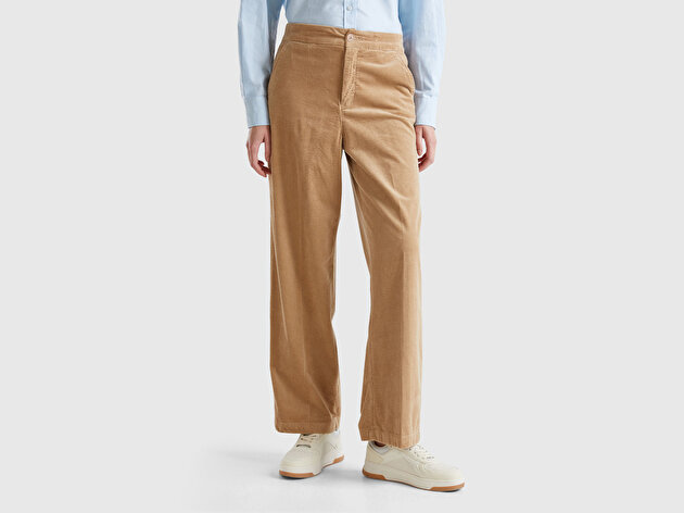 Benetton Kadın Taba Pamuk Karışımlı Arkası Lastikli Cepli Geniş Paça Kadife Pantolon