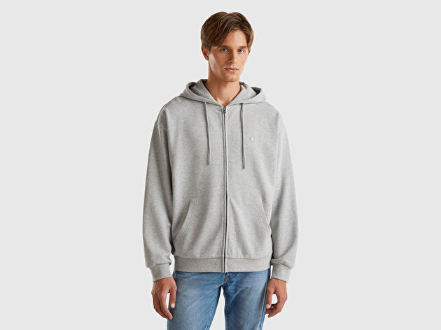 Benetton Erkek Gri Melanj %100 Pamuk Dar Kesim Fermuarlı Kapüşonlu Sweatshirt