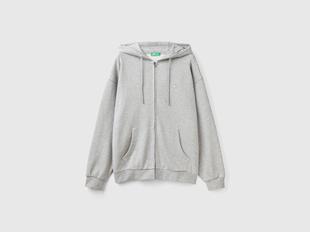 Benetton Erkek Gri Melanj %100 Pamuk Dar Kesim Fermuarlı Kapüşonlu Sweatshirt