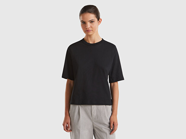 Benetton Kadın Siyah %100 Koton Boxy Fit T-Shirt