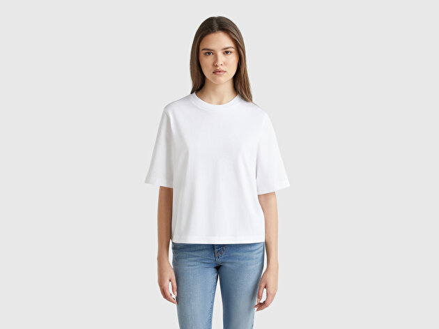 Benetton Kadın Beyaz %100 Koton Boxy Fit T-Shirt