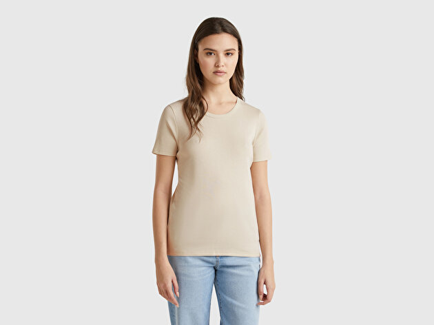 Benetton Kadın Krem %100 Koton Basic Kısa Kollu Bisiklet Yaka T-Shirt