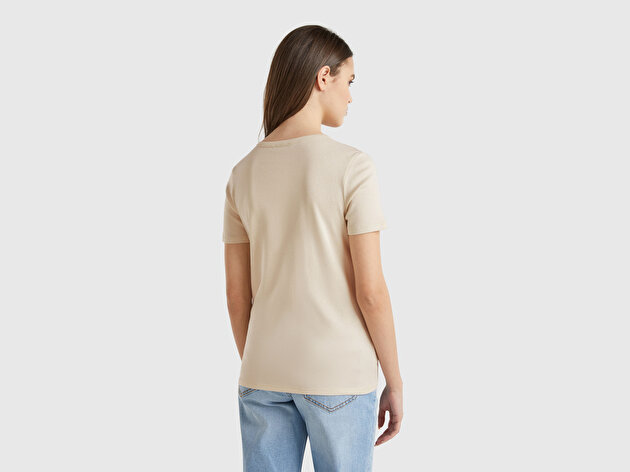 Benetton Kadın Krem %100 Koton Basic Kısa Kollu Bisiklet Yaka T-Shirt