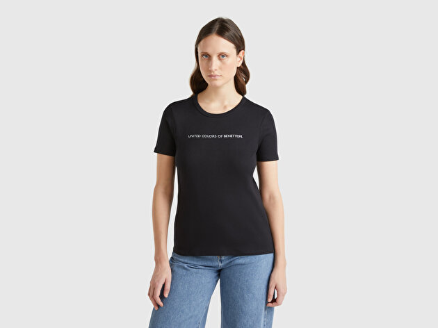 Benetton Kadın Siyah %100 Koton Benetton Yazılı Basic T-Shirt
