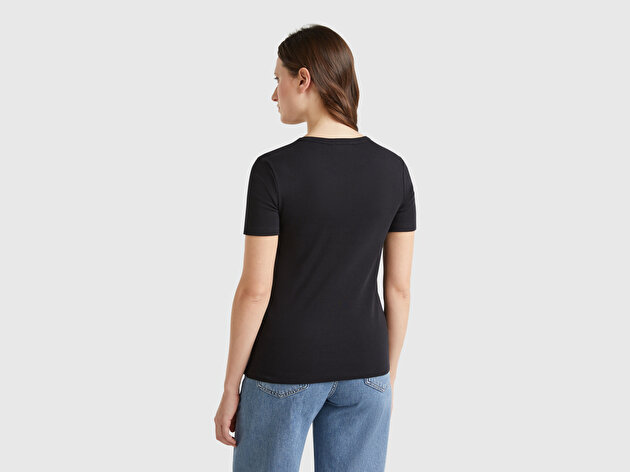 Benetton Kadın Siyah %100 Koton Benetton Yazılı Basic T-Shirt