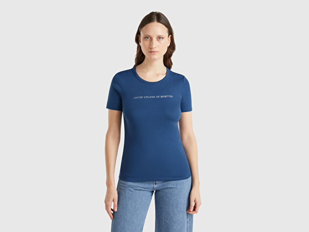 Benetton Kadın İndigo Mavisi %100 Koton Benetton Yazılı Basic T-Shirt