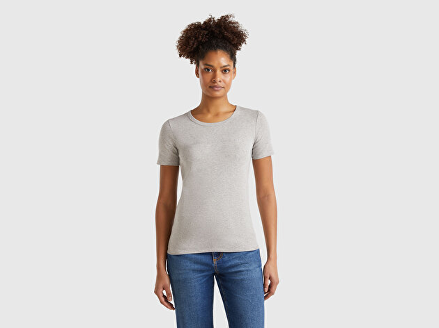 Benetton Kadın Gri Melanj %100 Koton Benetton Yazılı Basic T-Shirt