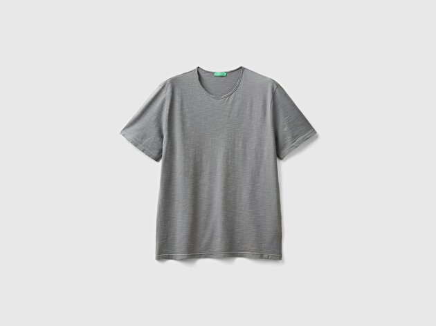Benetton Erkek Antrasit Gri Bisiklet Yaka Slub T-shirt