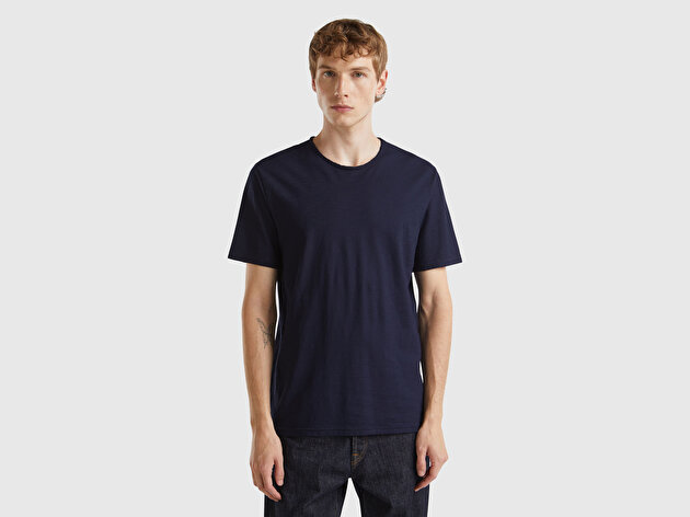 Benetton Erkek Lacivert Bisiklet Yaka Slub T-shirt