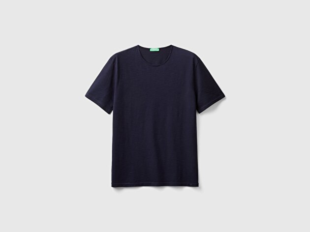 Benetton Erkek Lacivert Bisiklet Yaka Slub T-shirt