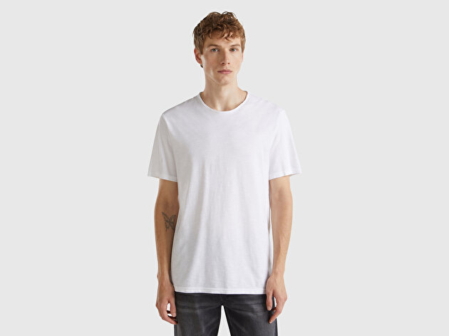 Benetton Erkek Beyaz Bisiklet Yaka Slub T-shirt