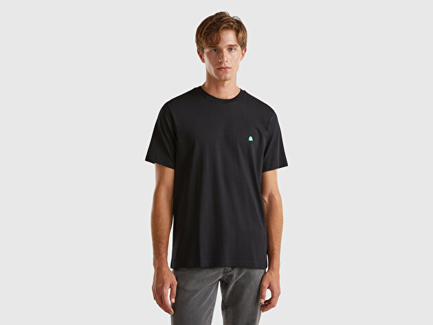 Benetton Erkek Siyah %100 Koton Benetton Logolu Bisiklet Yaka T-Shirt