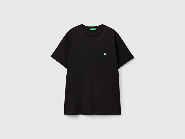 Benetton Erkek Siyah %100 Koton Benetton Logolu Bisiklet Yaka T-Shirt