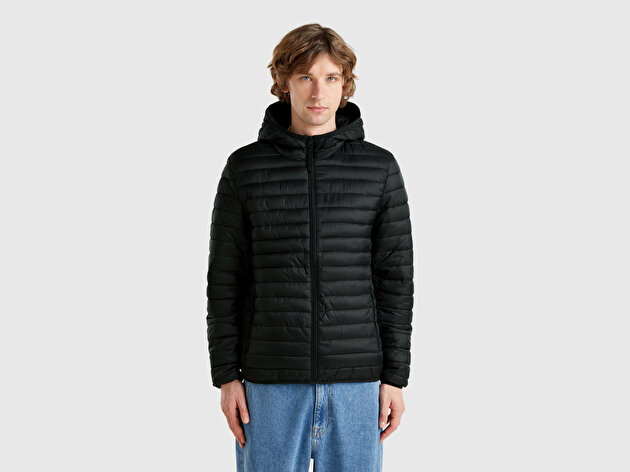 Benetton Erkek Siyah Polyester Dolgulu Regular Fit Kapüşonlu Puffer Mont