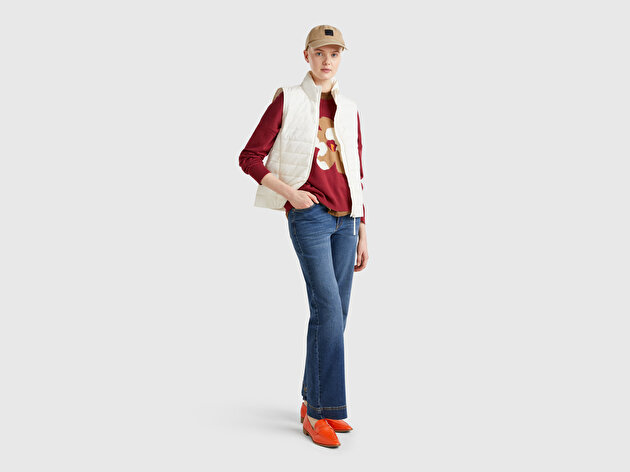Benetton Kadın Krem Polyester Dolgulu Fermuarlı Slim Fit Pufa Yelek