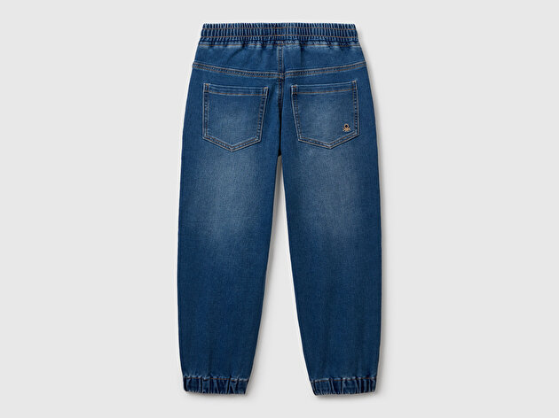 Benetton Erkek Çocuk Koyu Mavi Logo Detaylı Büzgü İpli Denim Jogger Pantolon