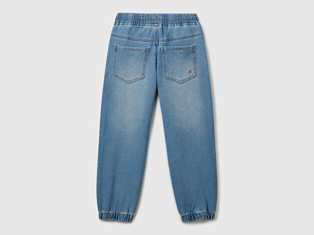 Benetton Erkek Çocuk Açık Mavi Logo Detaylı Büzgü İpli Denim Jogger Pantolon
