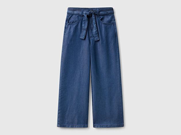 Benetton Kız Çocuk Lacivert %100 Liyosel Beli Kuşaklı Wide Fit Denim Pantolon