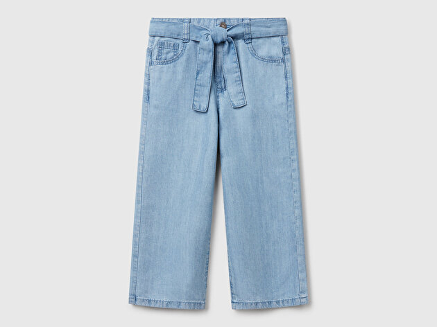 Benetton Kız Bebek %100 Liyosel Taş Yıkama Kuşaklı Wide Leg Denim Pantolon