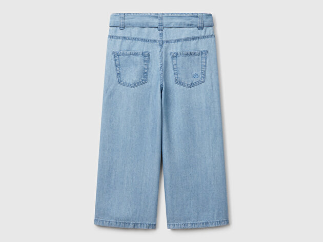 Benetton Kız Bebek %100 Liyosel Taş Yıkama Kuşaklı Wide Leg Denim Pantolon