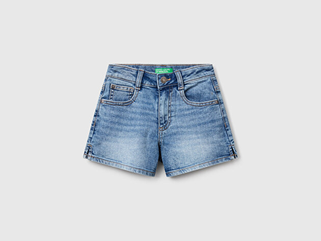 Benetton Kız Çocuk Taş Yıkama Logo İşlemeli Streç Denim Şort