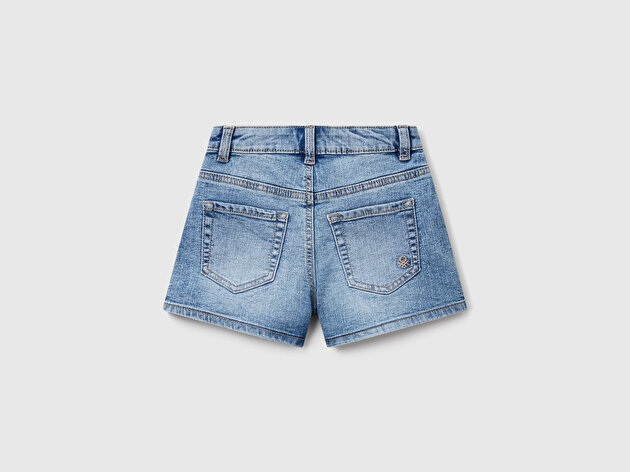 Benetton Kız Çocuk Taş Yıkama Logo İşlemeli Streç Denim Şort