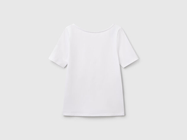 Benetton Kadın Beyaz Pamuk Karışımlı Örme Slim Fit Geniş Yaka T-Shirt