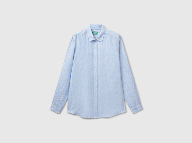 Benetton Erkek Mavi Çizgili %100 Keten Gömlek