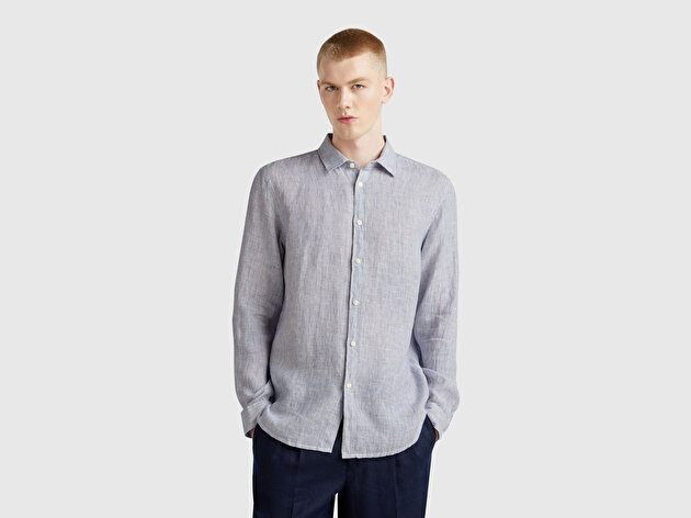 Benetton Erkek Açık Mavi Çizgili %100 Keten Gömlek