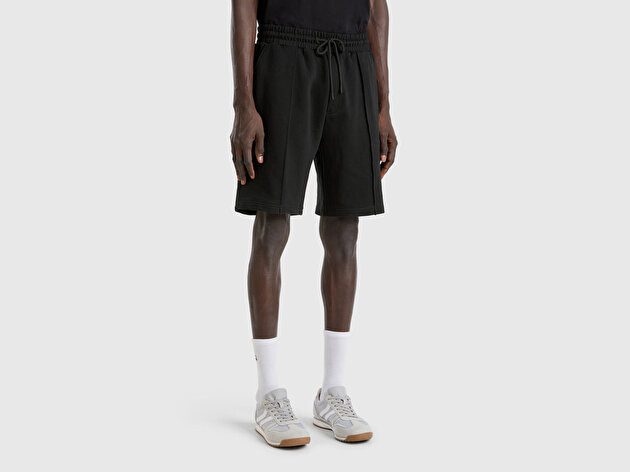 Benetton Erkek Siyah %100 Pamuk Logo Detaylı Beli Büzgü İpli Bermuda Şort