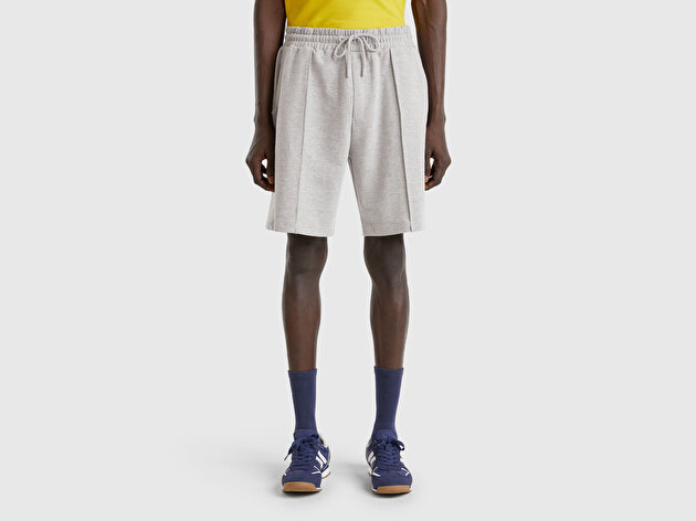 Benetton Erkek Gri Melanj %100 Pamuk Logo Detaylı Beli Büzgü İpli Bermuda Şort