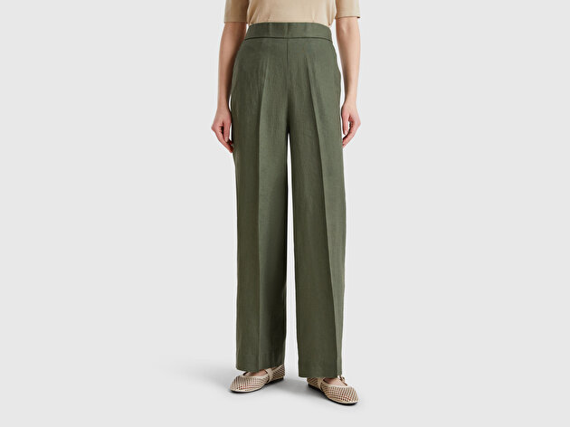 Benetton Kadın Haki %100 Keten Yan Cepli Arka Beli Lastikli Palazzo Pantolon