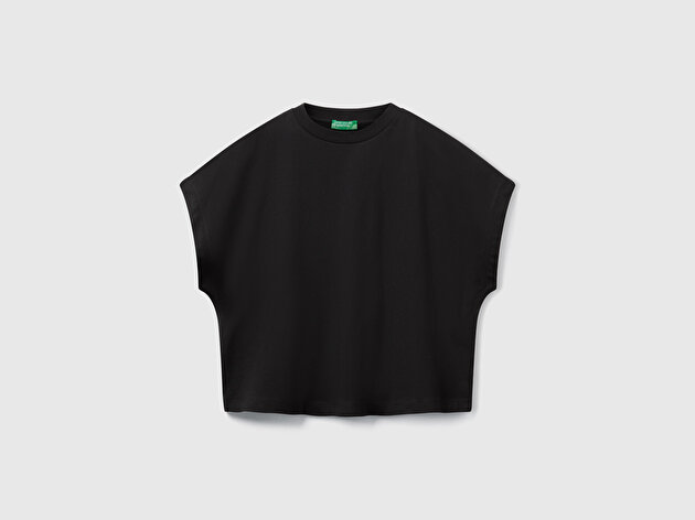 Benetton Kadın Siyah %100 Pamuk Kimono Kol Detaylı Bisiklet Yaka T-Shirt