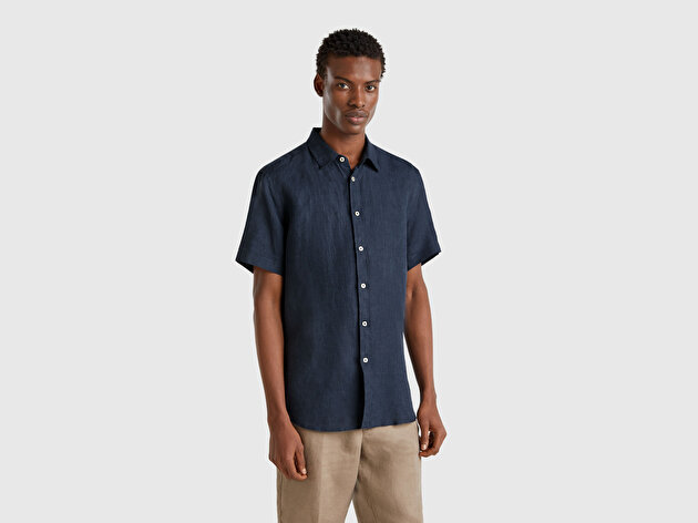 Benetton Erkek Lacivert %100 Keten Regular Fit Kısa Kollu Gömlek