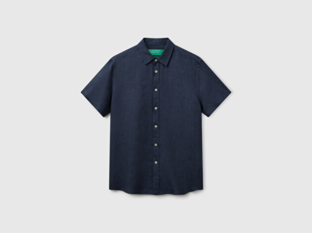 Benetton Erkek Lacivert %100 Keten Regular Fit Kısa Kollu Gömlek