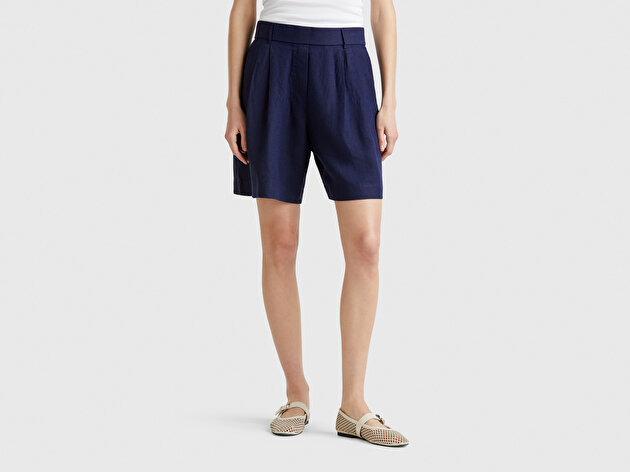 Benetton Kadın Lacivert %100 Keten Arka Beli Lastikli Pileli Relax Fit Bermuda Şort